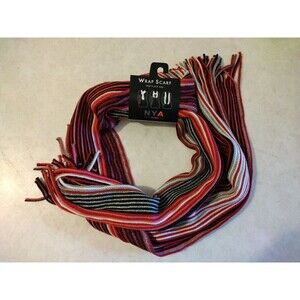 NYA Wrap Scarf Striped Knitted Fringe Multicolor Neck Warmer Red Black NWT